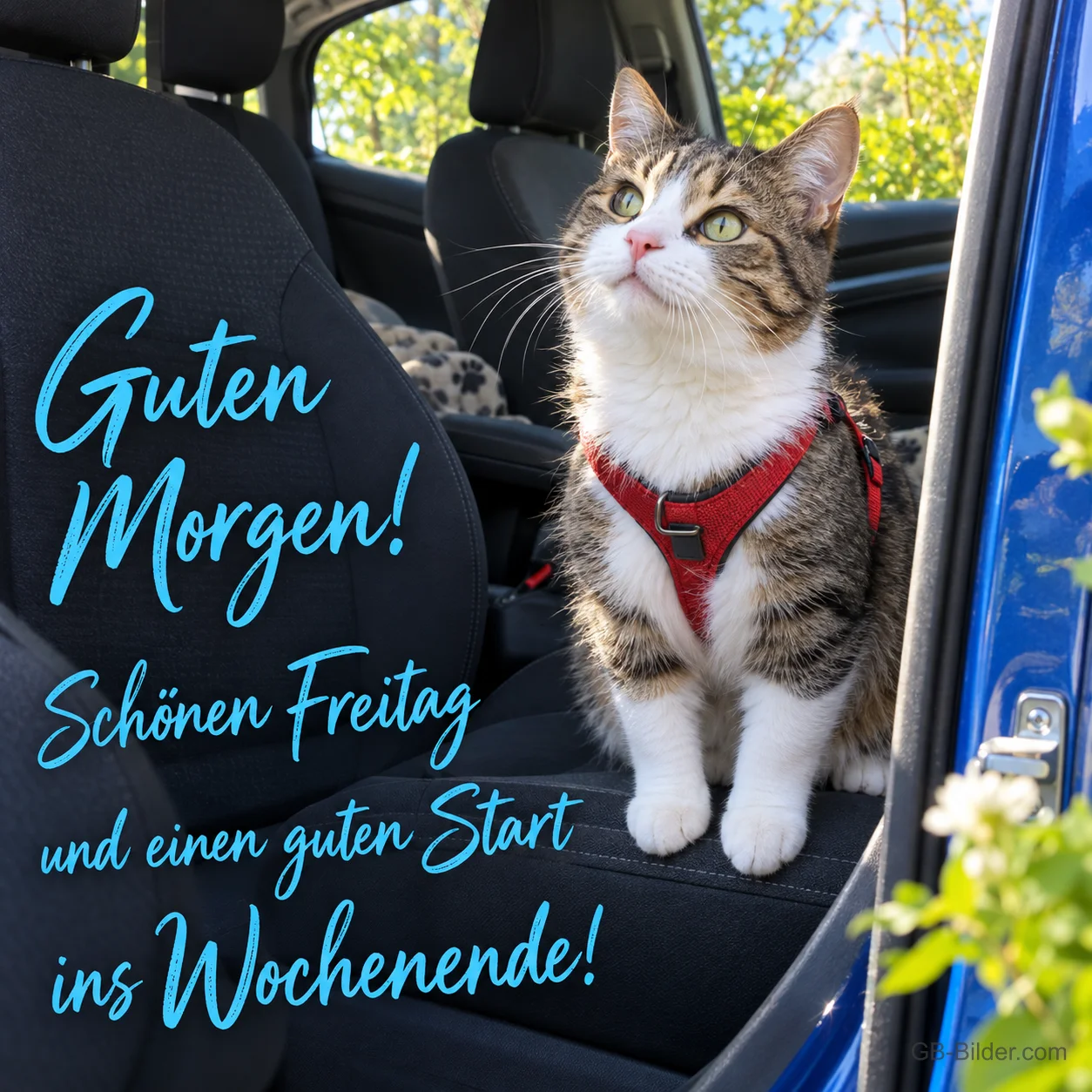 Katze mit Geschirr sitzt auf dem Autositz, Text: Guten Morgen! – Schönen Freitag und einen guten Start ins Wochenende! Katze mit Geschirr sitzt auf dem Autositz, Text: Guten Morgen! – Schönen Freitag und einen guten Start ins Wochenende!