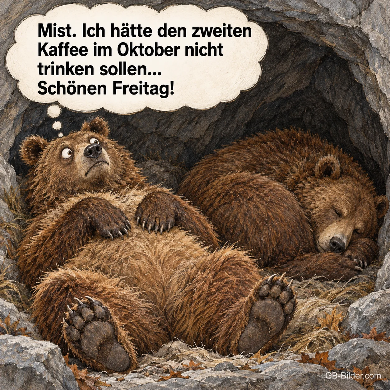 Bär liegt mit großen Augen wach neben einem schlafenden Bären in der Höhle, Text: Mist. Ich hätte den zweiten Kaffee im Oktober nicht trinken sollen... Schönen Freitag! Bär liegt mit großen Augen wach neben einem schlafenden Bären in der Höhle, Text: Mist. Ich hätte den zweiten Kaffee im Oktober nicht trinken sollen... Schönen Freitag!
