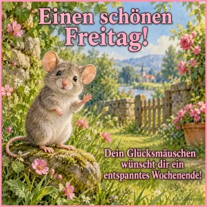 Maus winkt auf einem Stein im Blumengarten, Text: Einen schönen Freitag! – Dein Glücksmäuschen wünscht dir ein entspanntes Wochenende!