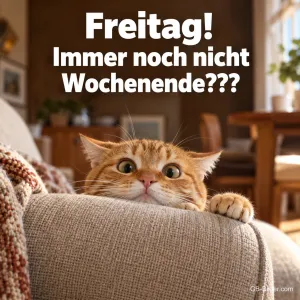 Katze schaut mit großen Augen über die Sofalehne, Text: Freitag! – Immer noch nicht Wochenende???