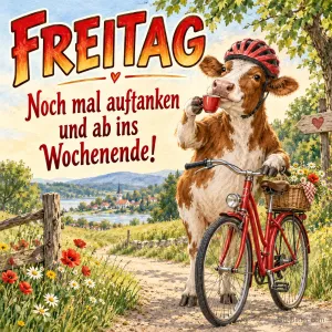 Kuh mit Helm trinkt Kaffee neben einem Fahrrad, Text: FREITAG – Noch mal auftanken und ab ins Wochenende!