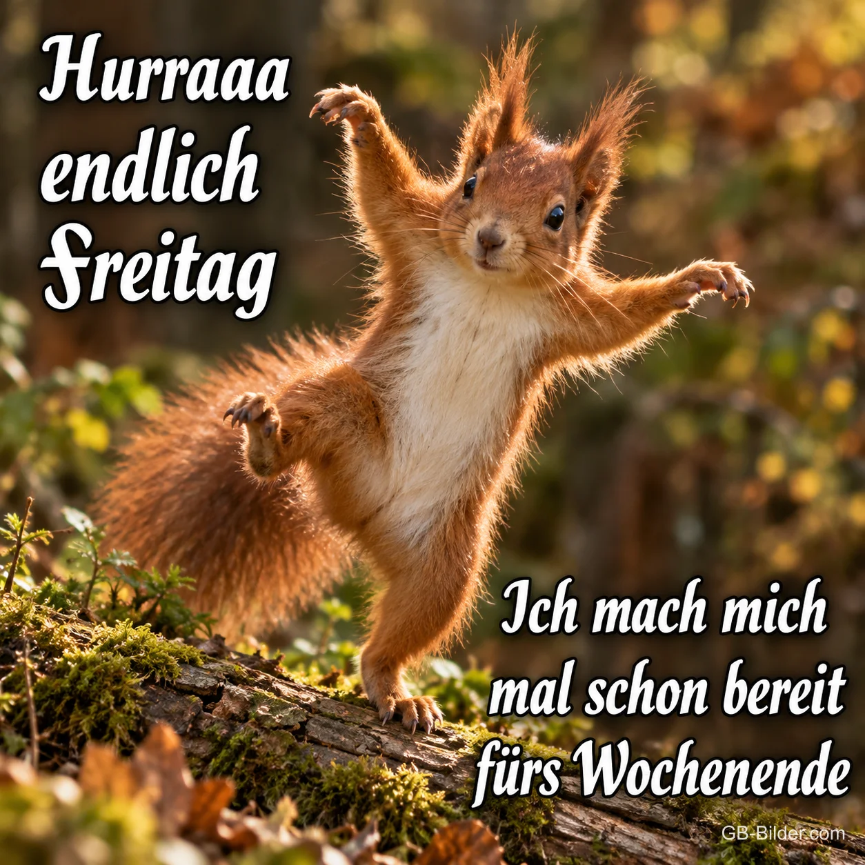 Eichhörnchen streckt jubelnd die Arme auf einem Ast, Text: Hurraaa endlich Freitag – Ich mach mich mal schon bereit fürs Wochenende