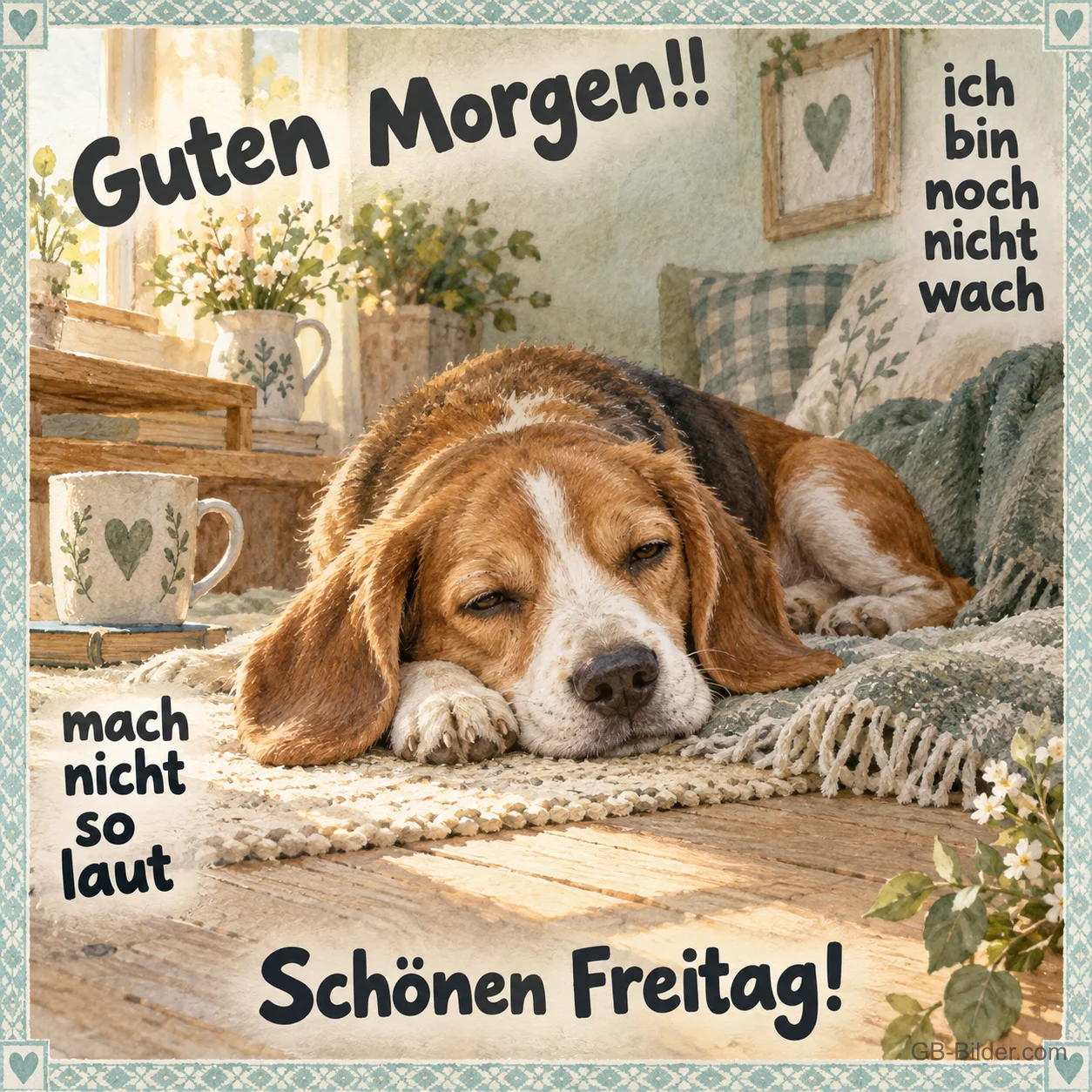 Müder Beagle liegt auf einem Teppich, Text: Guten Morgen!! ich bin noch nicht wach – mach nicht so laut – Schönen Freitag!