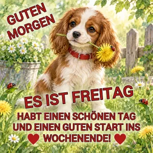Welpe mit Löwenzahn, Text: GUTEN MORGEN