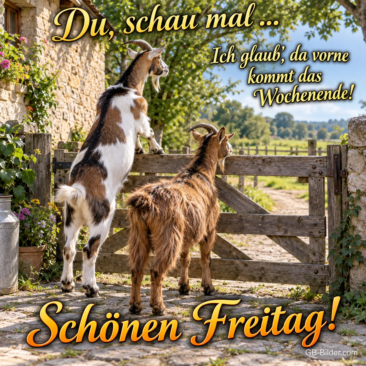 Zwei Ziegen schauen neugierig über ein Holzgatter, Text: Du, schau mal … Ich glaub, da vorne kommt das Wochenende! – Schönen Freitag! Zwei Ziegen schauen neugierig über ein Holzgatter, Text: Du, schau mal … Ich glaub, da vorne kommt das Wochenende! – Schönen Freitag!