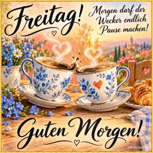 Zwei Kaffeetassen mit Herzdampf auf einem Frühstückstisch, Text: Freitag! Morgen darf der Wecker endlich Pause machen! – Guten Morgen!
