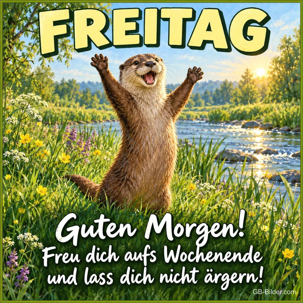 Otter reckt jubelnd die Pfoten am Fluss, Text: FREITAG – Guten Morgen! Freu dich aufs Wochenende und lass dich nicht ärgern! Otter reckt jubelnd die Pfoten am Fluss, Text: FREITAG – Guten Morgen! Freu dich aufs Wochenende und lass dich nicht ärgern!