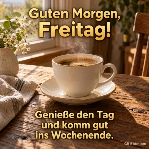 Dampfende Kaffeetasse auf einem Holztisch am Fenster, Text: Guten Morgen, Freitag! – Genieße den Tag und komm gut ins Wochenende.