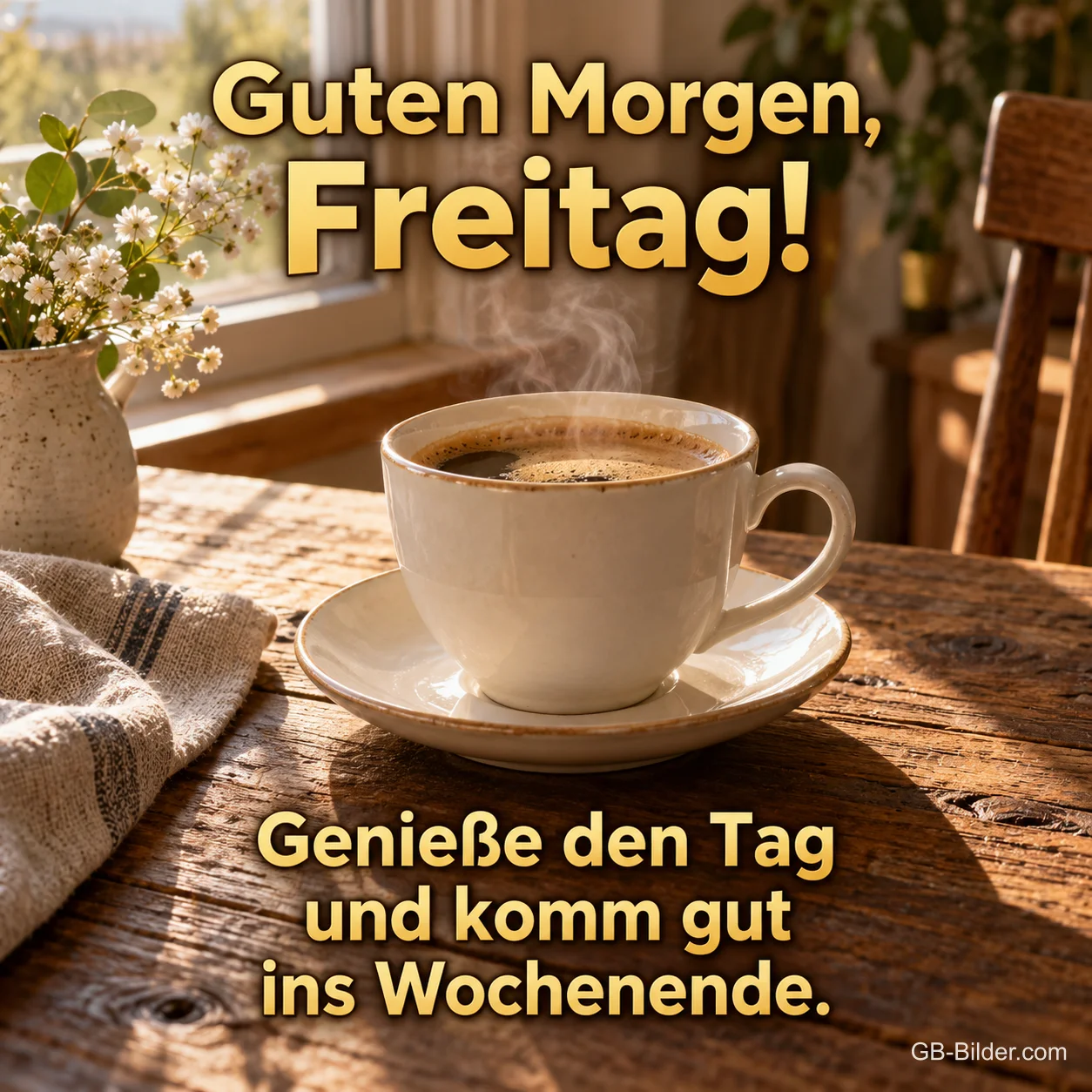 Dampfende Kaffeetasse auf einem Holztisch am Fenster, Text: Guten Morgen, Freitag! – Genieße den Tag und komm gut ins Wochenende.
