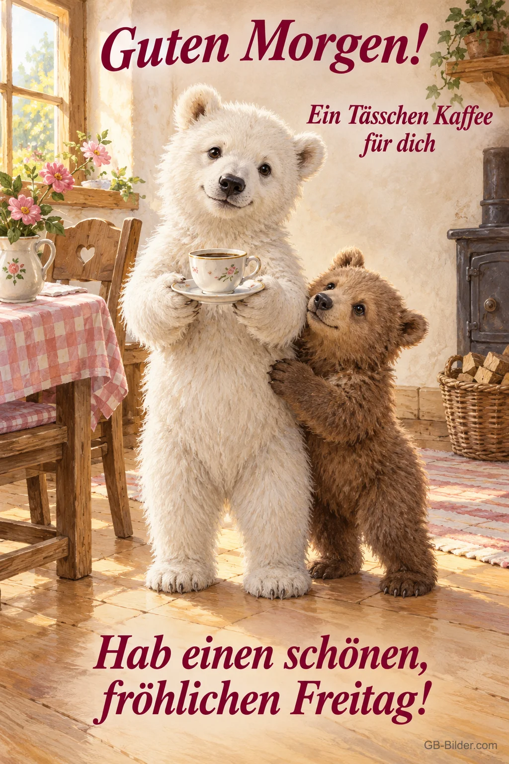 Eisbärjunges bringt Kaffee, Braunbärjunges umarmt es, Text: Guten Morgen! Ein Tässchen Kaffee für dich – Hab einen schönen, fröhlichen Freitag! Eisbärjunges bringt Kaffee, Braunbärjunges umarmt es, Text: Guten Morgen! Ein Tässchen Kaffee für dich – Hab einen schönen, fröhlichen Freitag!
