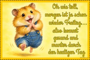 Hamster in Latzhose hüpft fröhlich und klatscht in die Pfoten, Text: Oh wie toll, morgen ist ja schon wieder Freitag… also kommt gesund und munter durch den heutigen Tag