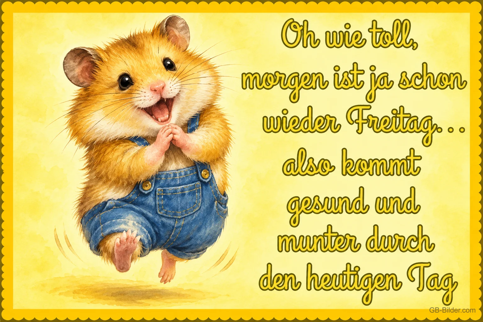 Hamster in Latzhose hüpft fröhlich und klatscht in die Pfoten, Text: Oh wie toll, morgen ist ja schon wieder Freitag… also kommt gesund und munter durch den heutigen Tag