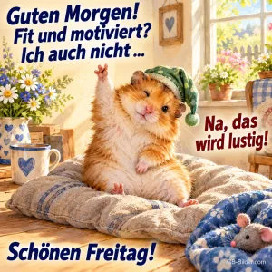 Hamster mit Schlafmütze winkt verschlafen vom Kissen, Text: Guten Morgen! Fit und motiviert? Ich auch nicht … – Na, das wird lustig! Schönen Freitag!