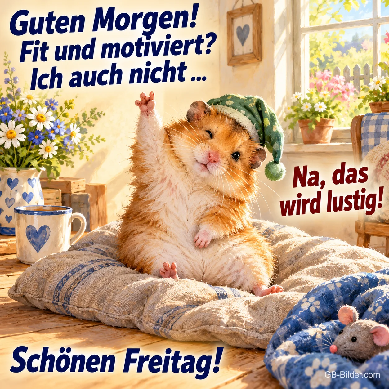 Hamster mit Schlafmütze winkt verschlafen vom Kissen, Text: Guten Morgen! Fit und motiviert? Ich auch nicht … – Na, das wird lustig! Schönen Freitag! Hamster mit Schlafmütze winkt verschlafen vom Kissen, Text: Guten Morgen! Fit und motiviert? Ich auch nicht … – Na, das wird lustig! Schönen Freitag!