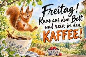 Eichhörnchen schwingt am Seil über eine Kaffeetasse, Text: Freitag! Raus aus dem Bett und rein in den KAFFEE!