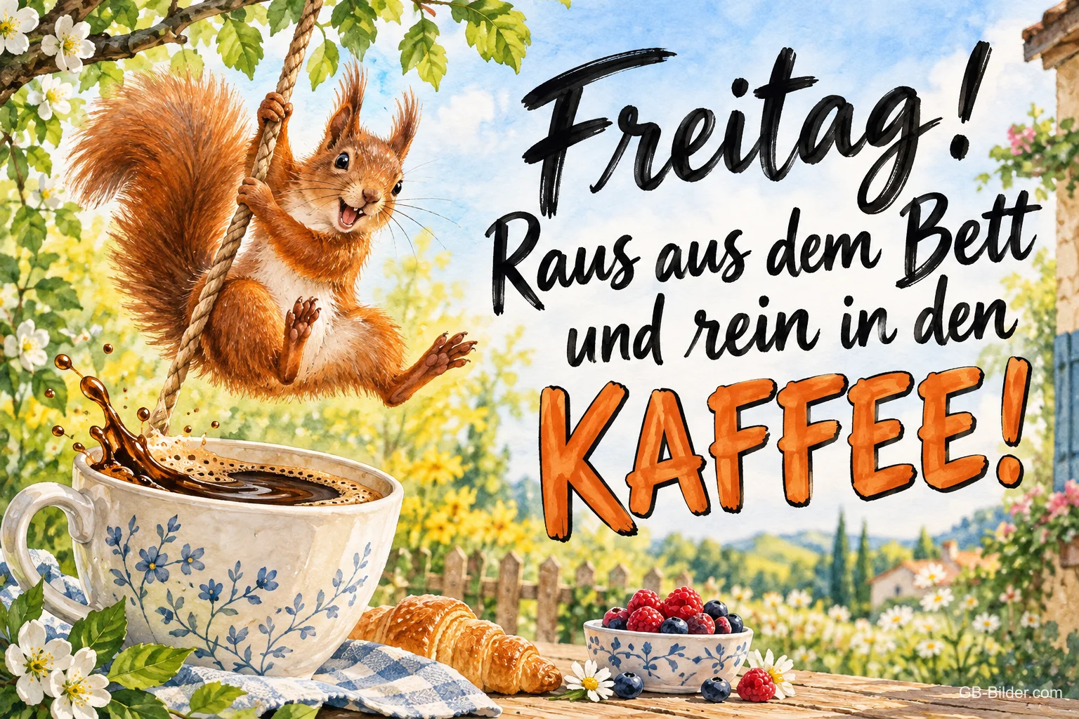 Eichhörnchen schwingt am Seil über eine Kaffeetasse, Text: Freitag! Raus aus dem Bett und rein in den KAFFEE! Eichhörnchen schwingt am Seil über eine Kaffeetasse, Text: Freitag! Raus aus dem Bett und rein in den KAFFEE!