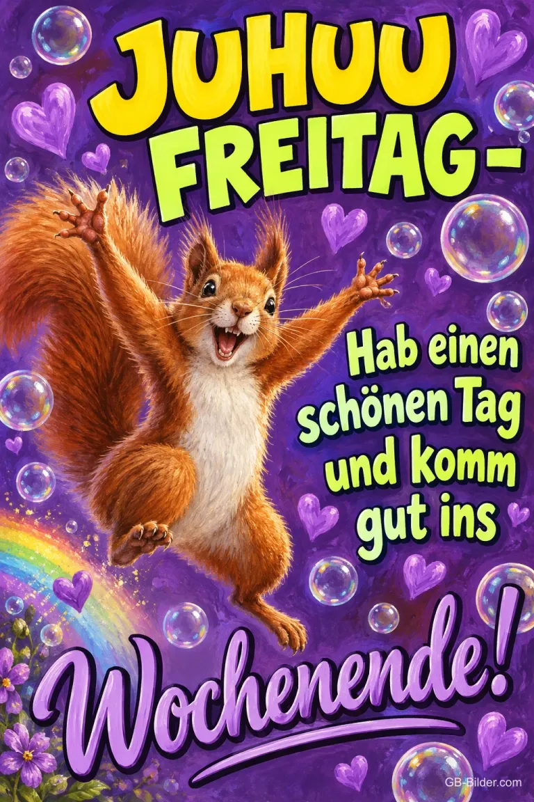 Eichhörnchen springt jubelnd zwischen Seifenblasen und Herzen, Text: JUHUU FREITAG – Hab einen schönen Tag und komm gut ins Wochenende!