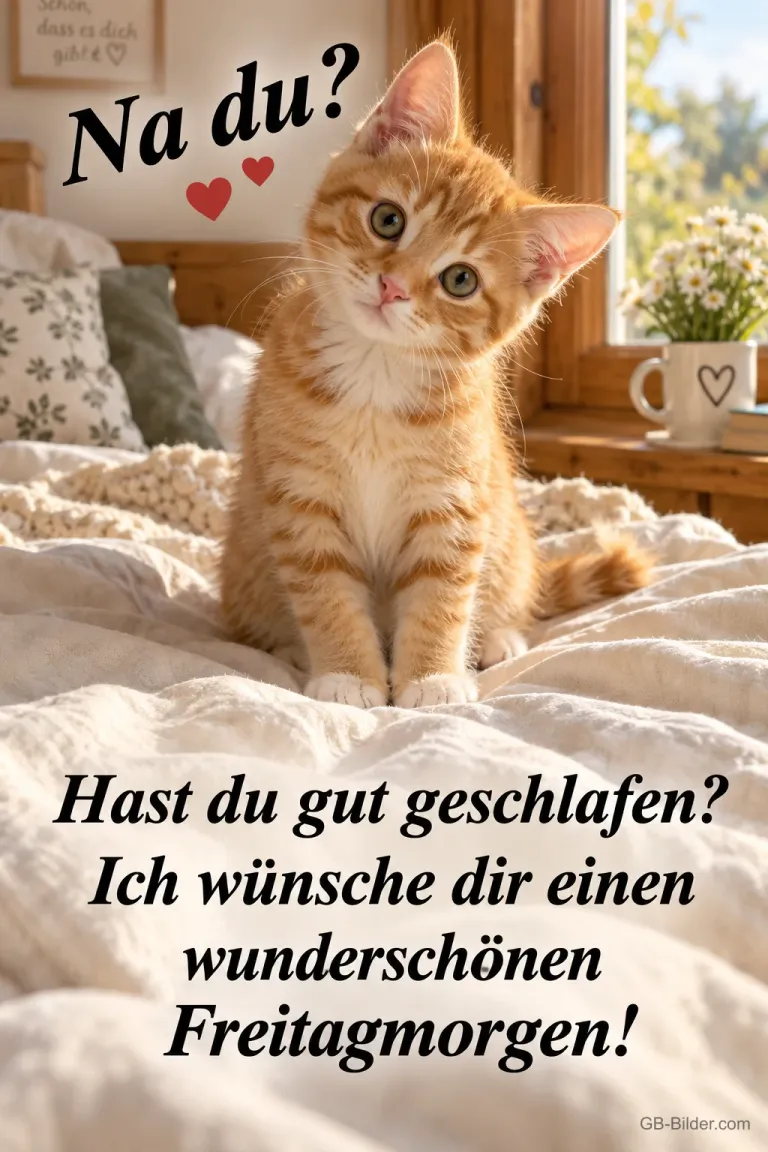 Rotes Kätzchen neigt den Kopf auf dem Bett, Text: Na du? – Hast du gut geschlafen? Ich wünsche dir einen wunderschönen Freitagmorgen!