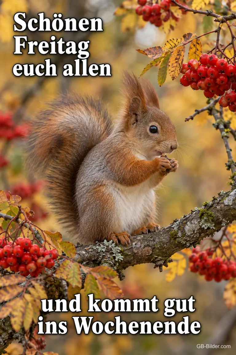 Eichhörnchen zwischen Vogelbeeren, Text: Schönen Freitag euch allen und kommt gut ins Wochenende