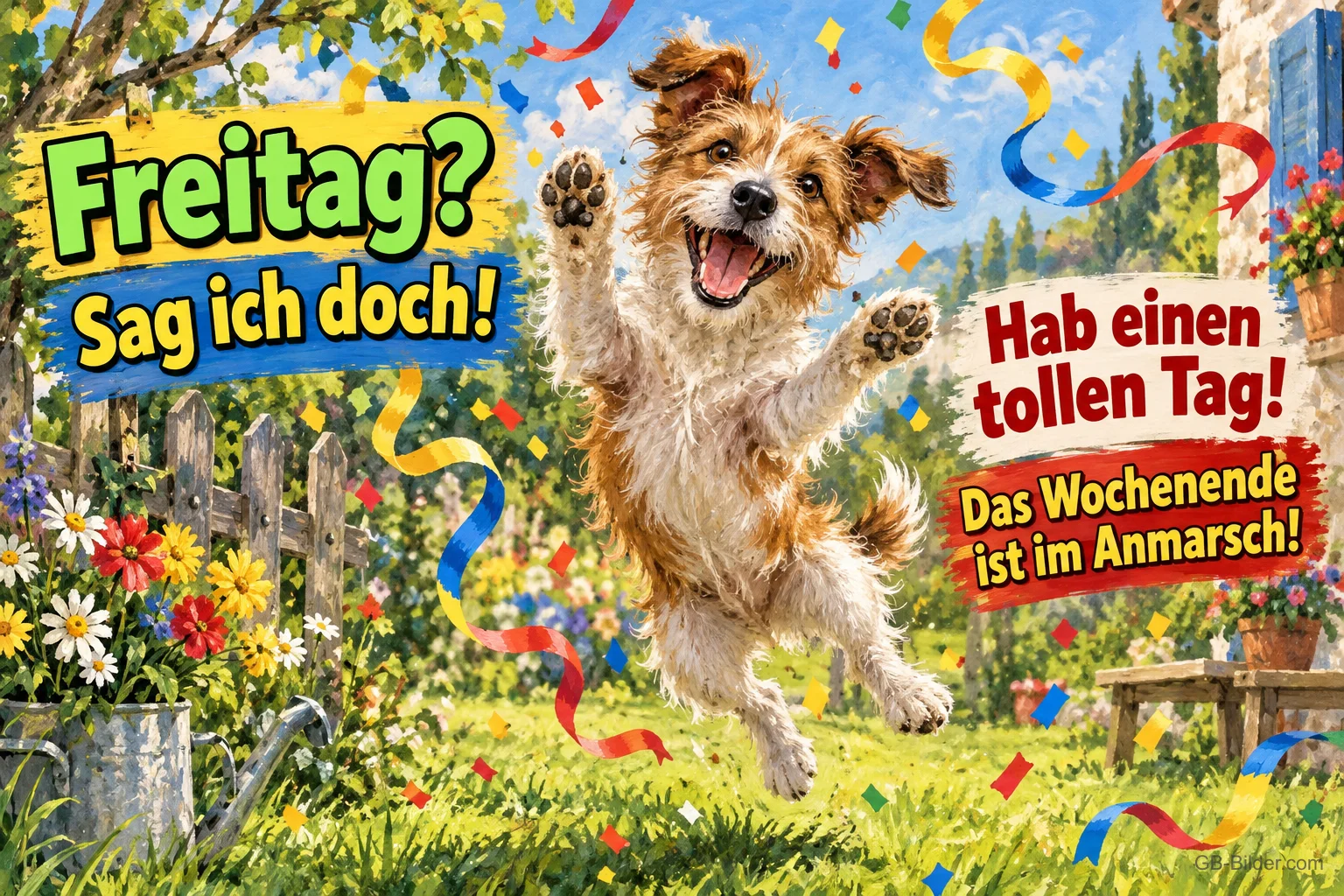 Hund springt zwischen Luftschlangen durch einen Garten, Text: Freitag? Sag ich doch! – Hab einen tollen Tag! Das Wochenende ist im Anmarsch! Hund springt zwischen Luftschlangen durch einen Garten, Text: Freitag? Sag ich doch! – Hab einen tollen Tag! Das Wochenende ist im Anmarsch!