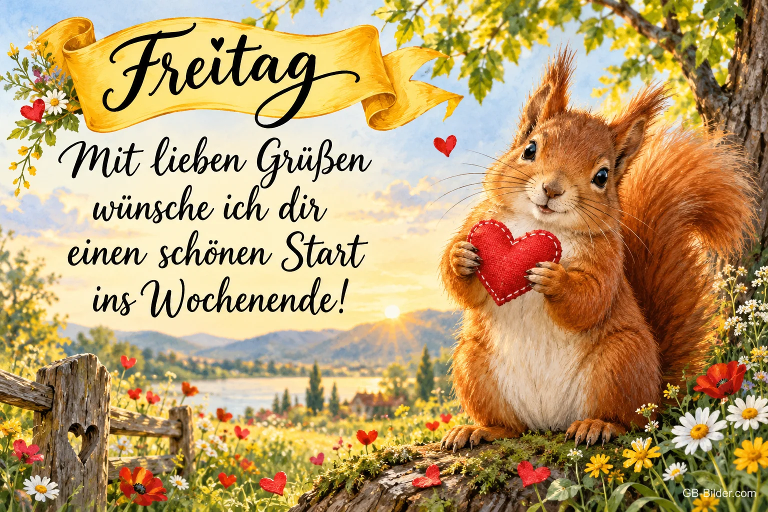 Eichhörnchen hält ein rotes Herz auf einer Blumenwiese, Text: Freitag – Mit lieben Grüßen wünsche ich dir einen schönen Start ins Wochenende! Eichhörnchen hält ein rotes Herz auf einer Blumenwiese, Text: Freitag – Mit lieben Grüßen wünsche ich dir einen schönen Start ins Wochenende!