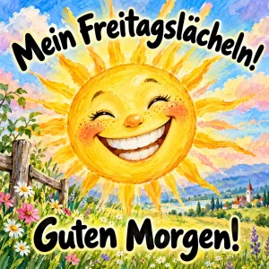 Lachende Sonne über einer Blumenwiese mit Dorf, Text: Mein Freitagslächeln! – Guten Morgen!