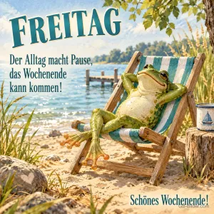 Frosch entspannt im Liegestuhl am See, Text: FREITAG – Der Alltag macht Pause, das Wochenende kann kommen! Schönes Wochenende!