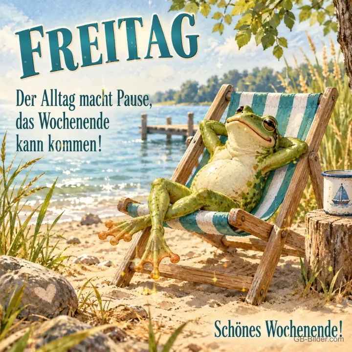 Frosch entspannt im Liegestuhl am See, Text: FREITAG – Der Alltag macht Pause, das Wochenende kann kommen! Schönes Wochenende! Frosch entspannt im Liegestuhl am See, Text: FREITAG – Der Alltag macht Pause, das Wochenende kann kommen! Schönes Wochenende!