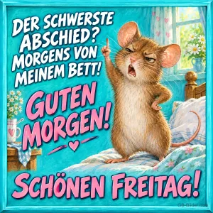 Maus steht empört auf dem Bett und hebt den Zeigefinger, Text: DER SCHWERSTE ABSCHIED? MORGENS VON MEINEM BETT! GUTEN MORGEN! SCHÖNEN FREITAG!