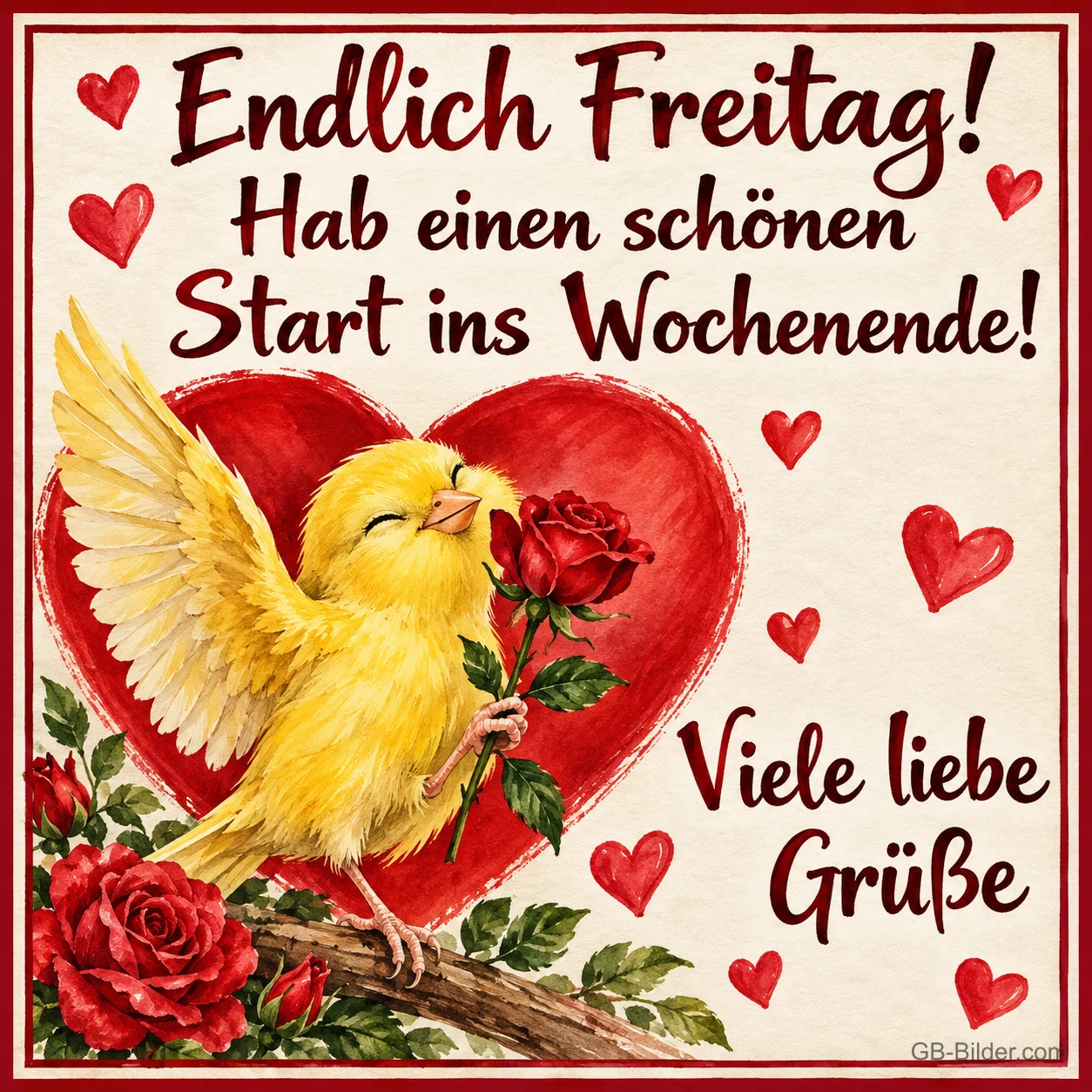 Gelber Kanarienvogel mit roter Rose vor einem großen roten Herz, Text: Endlich Freitag! Hab einen schönen Start ins Wochenende! Viele liebe Grüße Gelber Kanarienvogel mit roter Rose vor einem großen roten Herz, Text: Endlich Freitag! Hab einen schönen Start ins Wochenende! Viele liebe Grüße