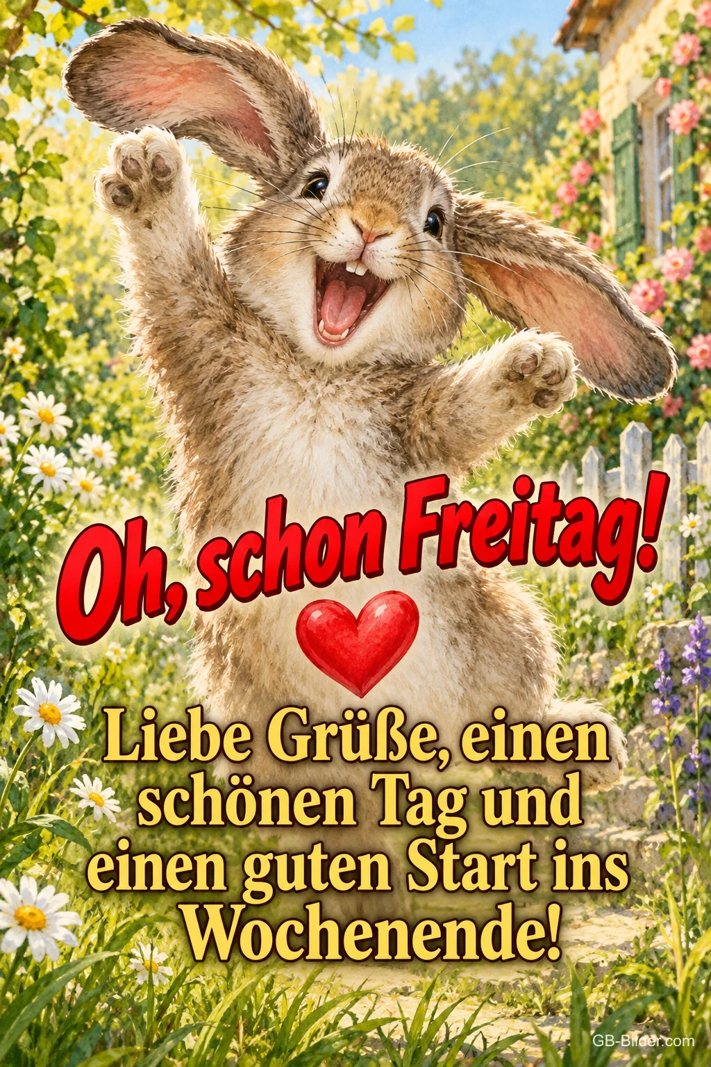 Hase reißt jubelnd die Pfoten hoch im Blumengarten, Text: Oh, schon Freitag! Liebe Grüße, einen schönen Tag und einen guten Start ins Wochenende! Hase reißt jubelnd die Pfoten hoch im Blumengarten, Text: Oh, schon Freitag! Liebe Grüße, einen schönen Tag und einen guten Start ins Wochenende!