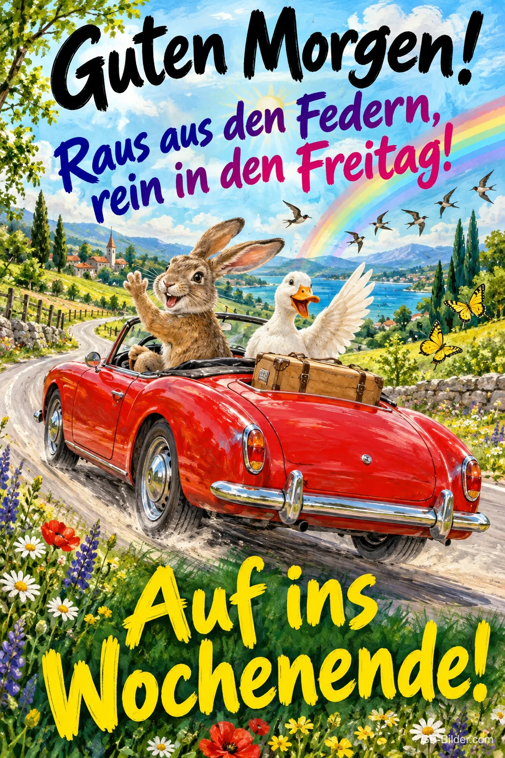 Hase und Ente fahren lachend in einem roten Cabrio über eine Landstraße, Text: Guten Morgen! Raus aus den Federn, rein in den Freitag! Auf ins Wochenende! Hase und Ente fahren lachend in einem roten Cabrio über eine Landstraße, Text: Guten Morgen! Raus aus den Federn, rein in den Freitag! Auf ins Wochenende!