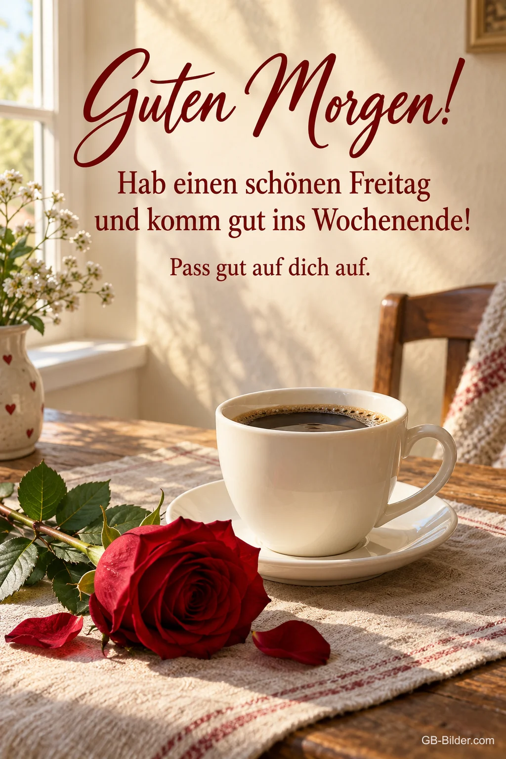 Kaffeetasse und rote Rose auf einem Tisch am Fenster, Text: Guten Morgen! – Hab einen schönen Freitag und komm gut ins Wochenende! Pass gut auf dich auf.