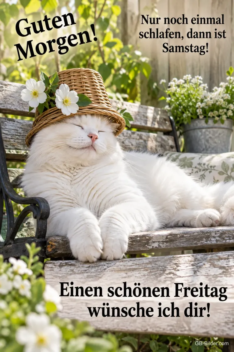 Weiße Katze mit Strohhut döst auf einer Gartenbank, Text: Guten Morgen! Nur noch einmal schlafen, dann ist Samstag! – Einen schönen Freitag wünsche ich dir!