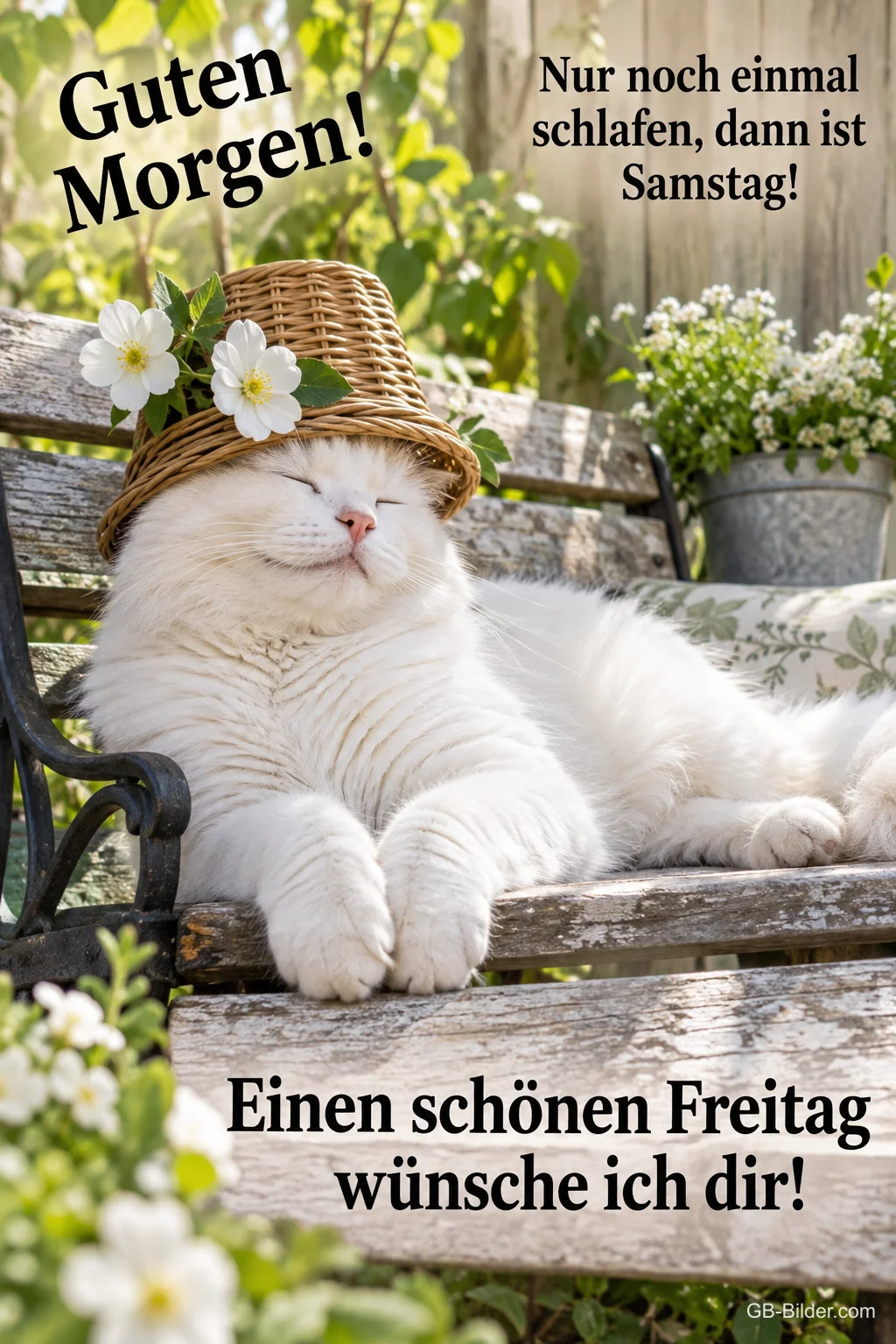 Weiße Katze mit Strohhut döst auf einer Gartenbank, Text: Guten Morgen! Nur noch einmal schlafen, dann ist Samstag! – Einen schönen Freitag wünsche ich dir! Weiße Katze mit Strohhut döst auf einer Gartenbank, Text: Guten Morgen! Nur noch einmal schlafen, dann ist Samstag! – Einen schönen Freitag wünsche ich dir!