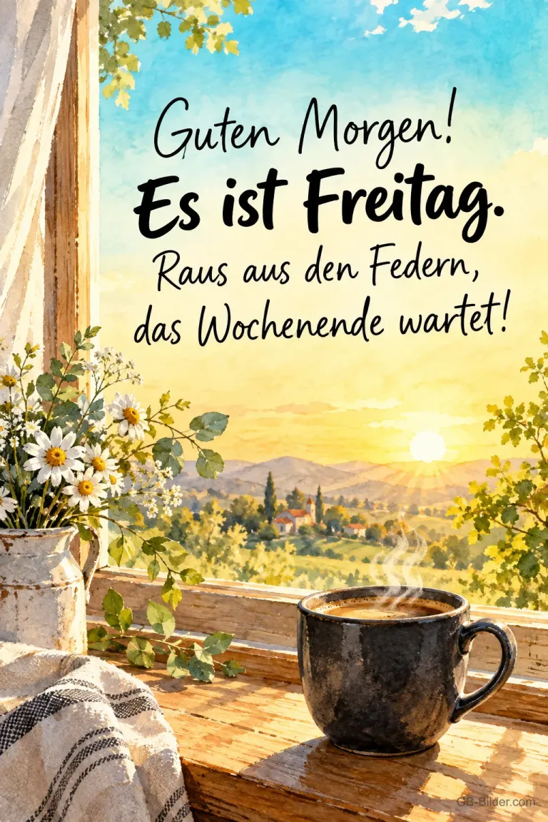 Kaffeebecher am offenen Fenster bei Sonnenaufgang, Text: Guten Morgen! Es ist Freitag. – Raus aus den Federn, das Wochenende wartet!