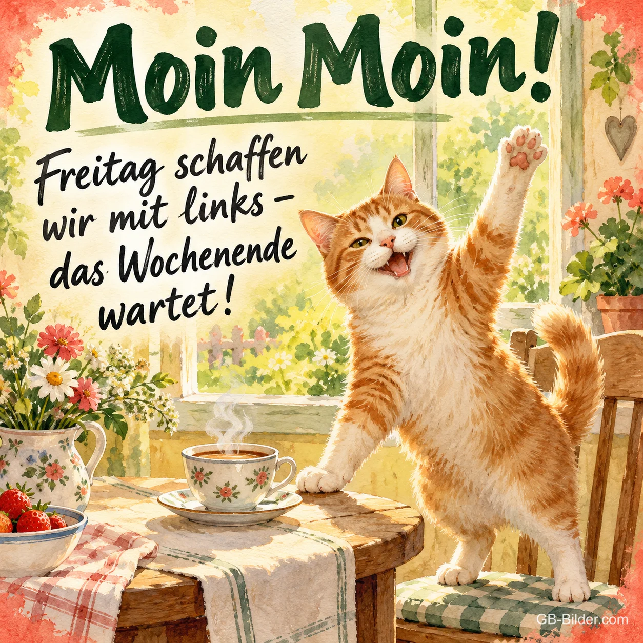 Rote Katze winkt am Frühstückstisch, Text: Moin Moin! – Freitag schaffen wir mit links – das Wochenende wartet! Rote Katze winkt am Frühstückstisch, Text: Moin Moin! – Freitag schaffen wir mit links – das Wochenende wartet!