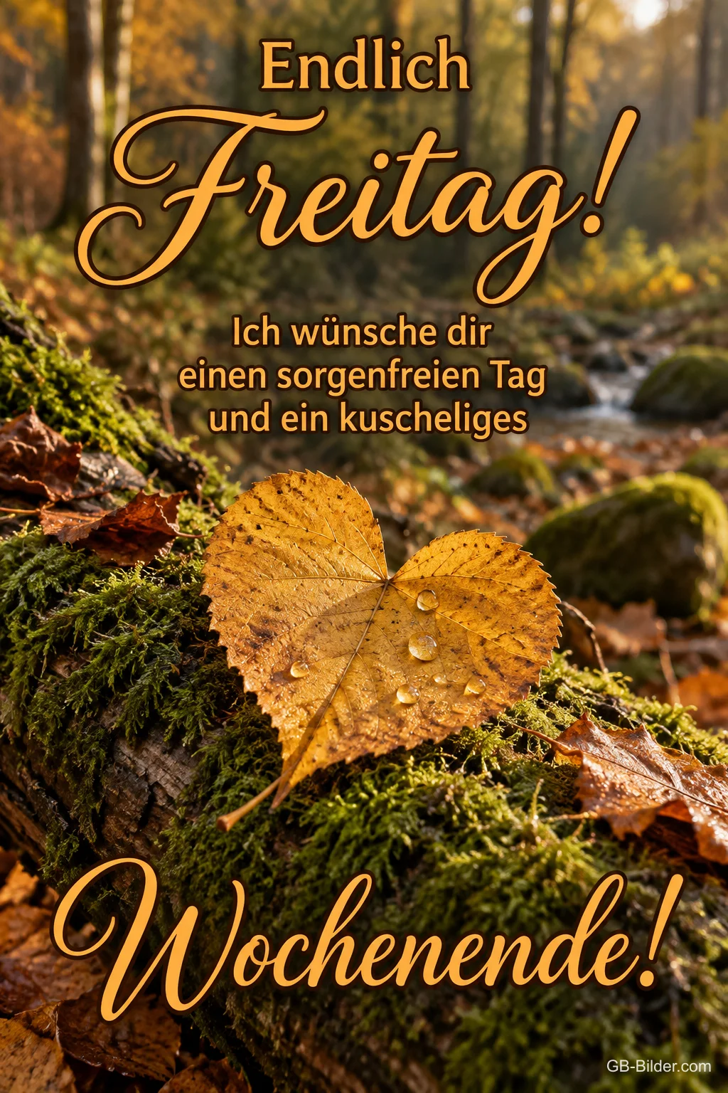 Herzförmiges Herbstblatt auf moosigem Holz im Wald, Text: Endlich Freitag! – Ich wünsche dir einen sorgenfreien Tag und ein kuscheliges Wochenende!
