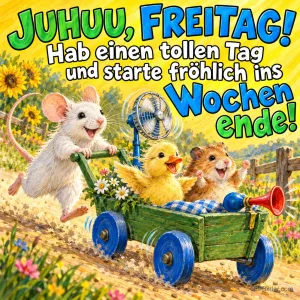 Maus schiebt einen Bollerwagen mit Küken und Hamster, Ventilator und Tröte, Text: JUHUU, FREITAG! Hab einen tollen Tag und starte fröhlich ins Wochenende!