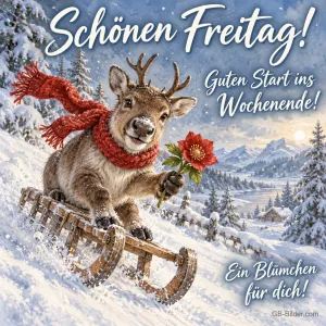 Rentier mit Schal saust auf dem Schlitten durch den Schnee, Text: Schönen Freitag! – Guten Start ins Wochenende! Ein Blümchen für dich!
