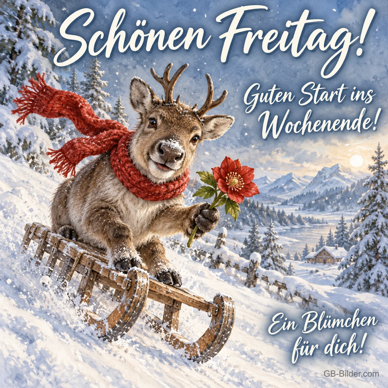 Rentier mit Schal saust auf dem Schlitten durch den Schnee, Text: Schönen Freitag! – Guten Start ins Wochenende! Ein Blümchen für dich! Rentier mit Schal saust auf dem Schlitten durch den Schnee, Text: Schönen Freitag! – Guten Start ins Wochenende! Ein Blümchen für dich!