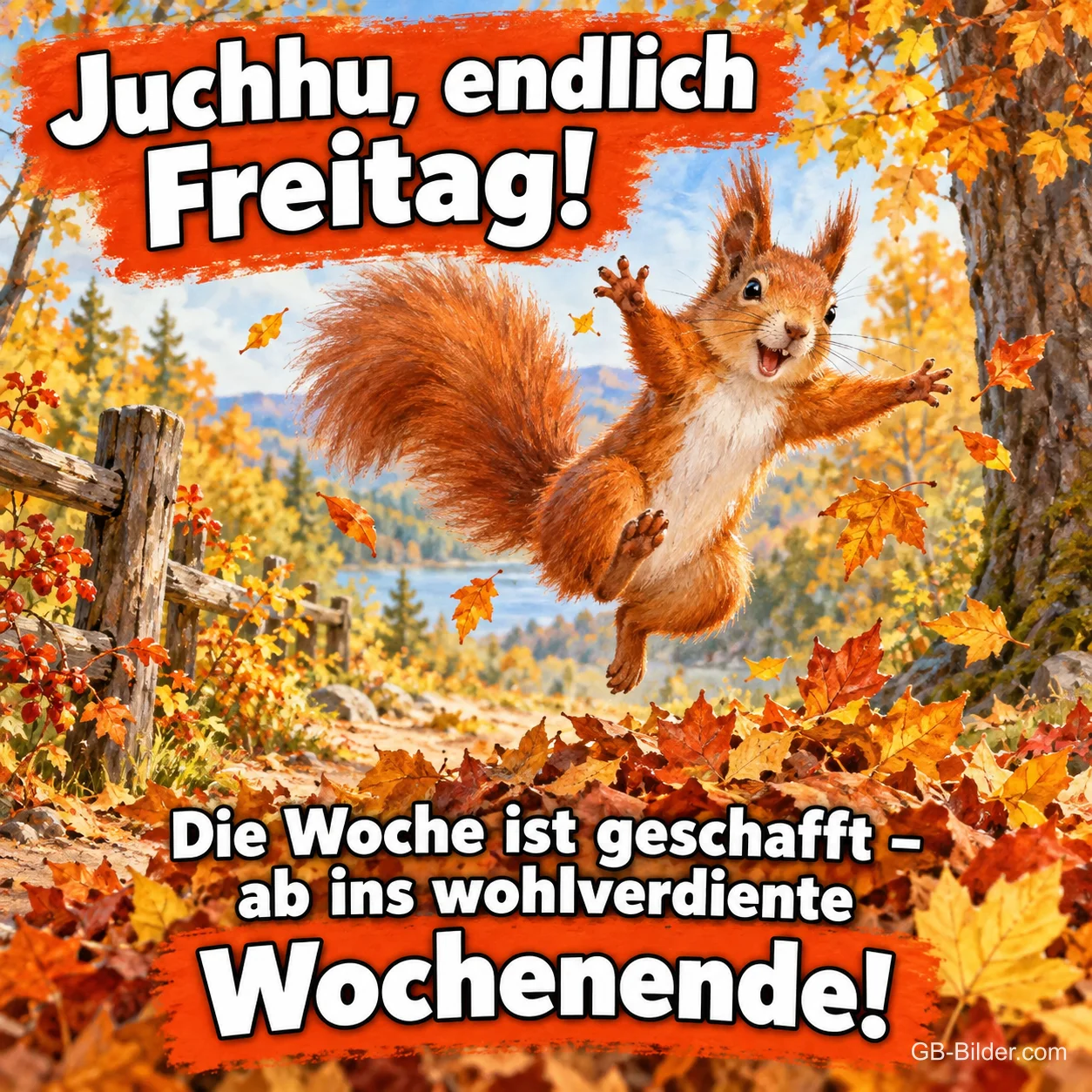 Eichhörnchen springt jubelnd durch Herbstlaub, Text: Juchhu, endlich Freitag! – Die Woche ist geschafft – ab ins wohlverdiente Wochenende! Eichhörnchen springt jubelnd durch Herbstlaub, Text: Juchhu, endlich Freitag! – Die Woche ist geschafft – ab ins wohlverdiente Wochenende!