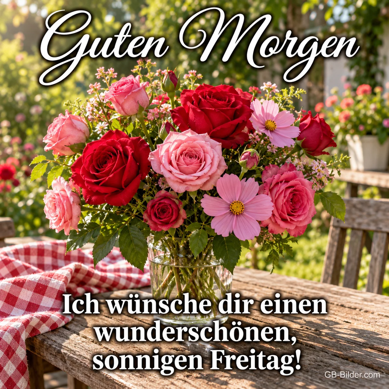 Rosenstrauß auf einem Gartentisch, Text: Guten Morgen – Ich wünsche dir einen wunderschönen, sonnigen Freitag! Rosenstrauß auf einem Gartentisch, Text: Guten Morgen – Ich wünsche dir einen wunderschönen, sonnigen Freitag!