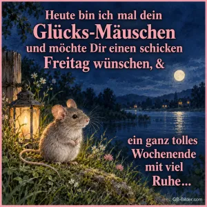 Maus mit Laterne am See, Text: Heute bin ich mal dein Glücks-Mäuschen und möchte Dir einen schicken F