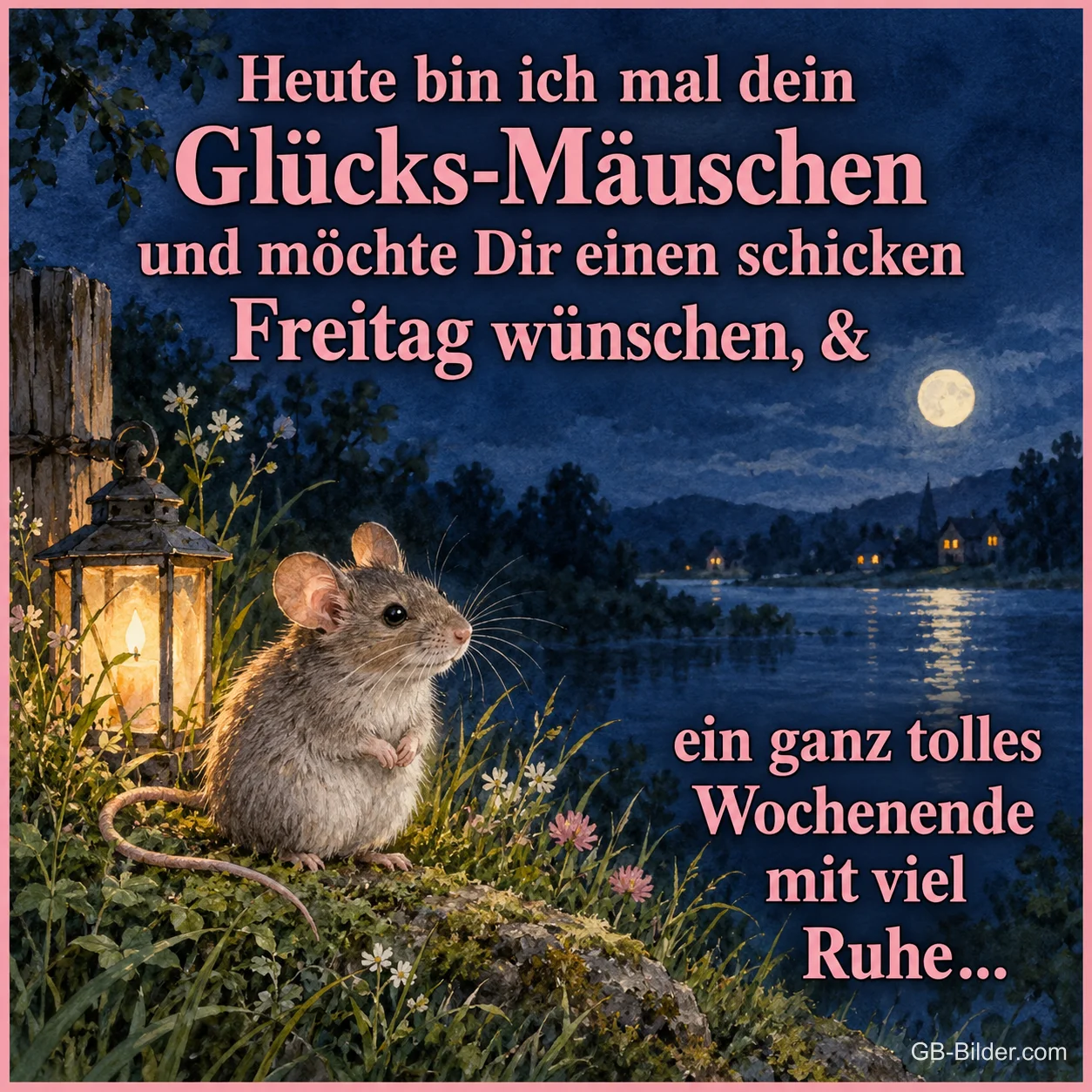 Maus mit Laterne am See, Text: Heute bin ich mal dein Glücks-Mäuschen und möchte Dir einen schicken F Maus mit Laterne am See, Text: Heute bin ich mal dein Glücks-Mäuschen und möchte Dir einen schicken F