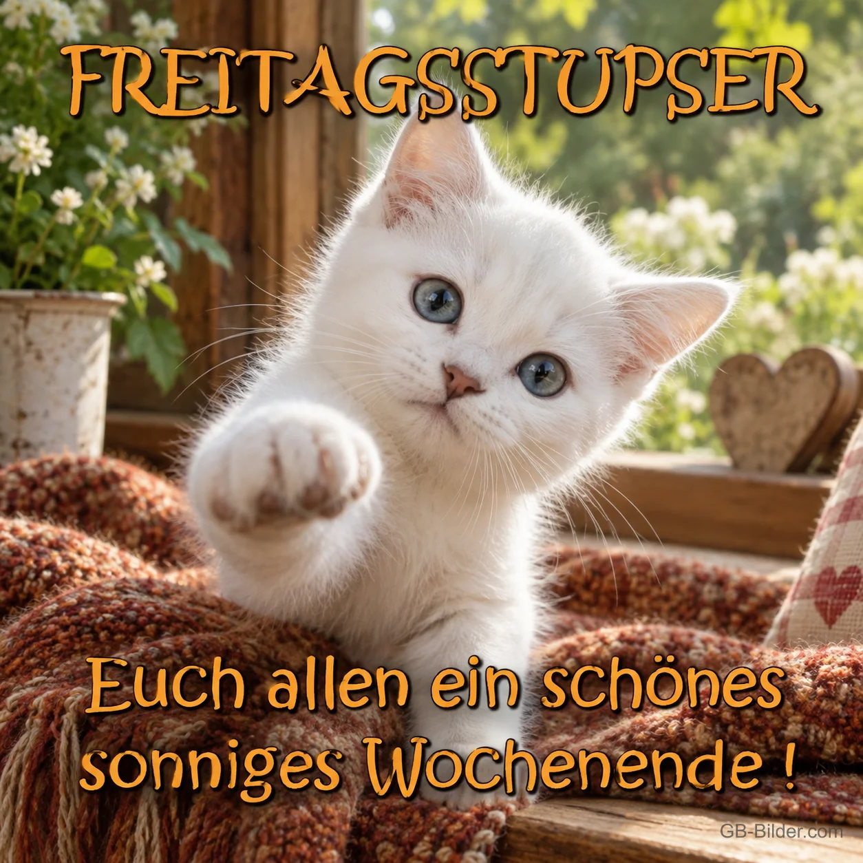 Kätzchen streckt die Pfote aus, Text: FREITAGSSTUPSER