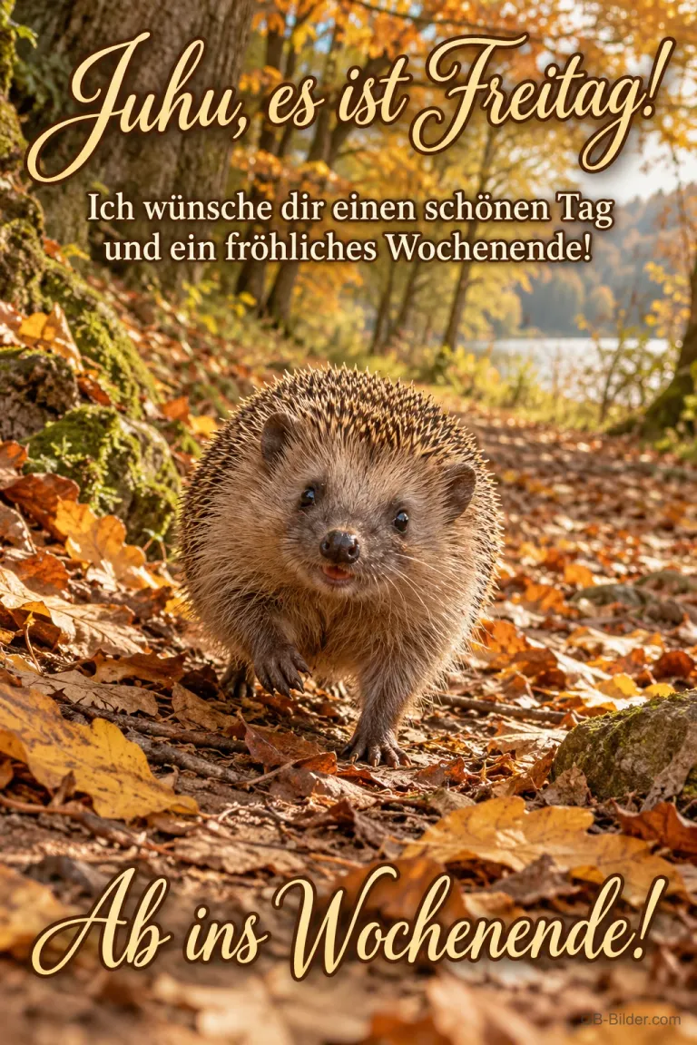 Igel läuft durch Herbstlaub, Text: Juhu, es ist Freitag! – Ich wünsche dir einen schönen Tag und ein fröhliches Wochenende! Ab ins Wochenende!
