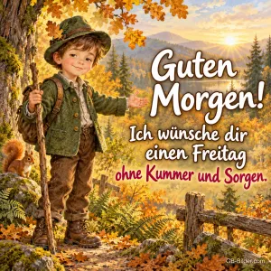 Junge mit Hut und Wanderstab zeigt auf ein Herbsttal, Text: Guten Morgen! – Ich wünsche dir einen Freitag ohne Kummer und Sorgen.