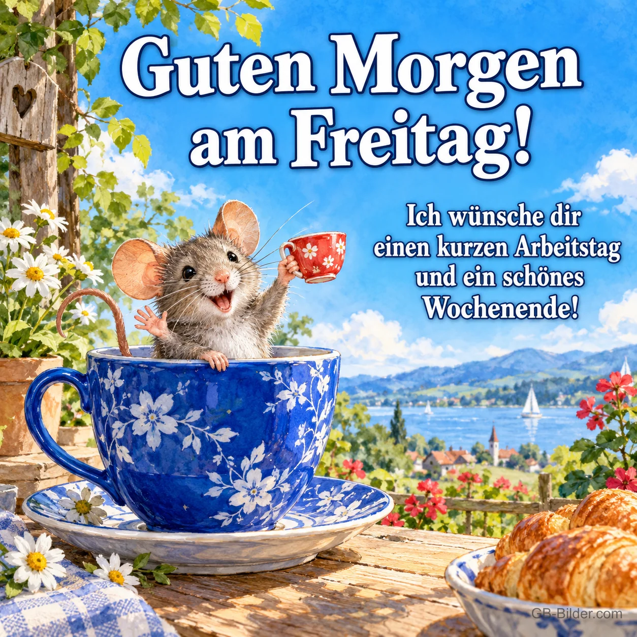 Maus sitzt in einer blauen Tasse und hebt ein Tässchen, Text: Guten Morgen am Freitag! – Ich wünsche dir einen kurzen Arbeitstag und ein schönes Wochenende! Maus sitzt in einer blauen Tasse und hebt ein Tässchen, Text: Guten Morgen am Freitag! – Ich wünsche dir einen kurzen Arbeitstag und ein schönes Wochenende!