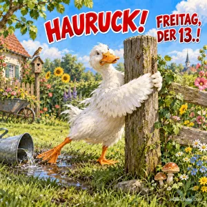 Weiße Ente schleppt einen Pfahl durch einen Bauerngarten, Text: HAURUCK! – FREITAG, DER 13.!
